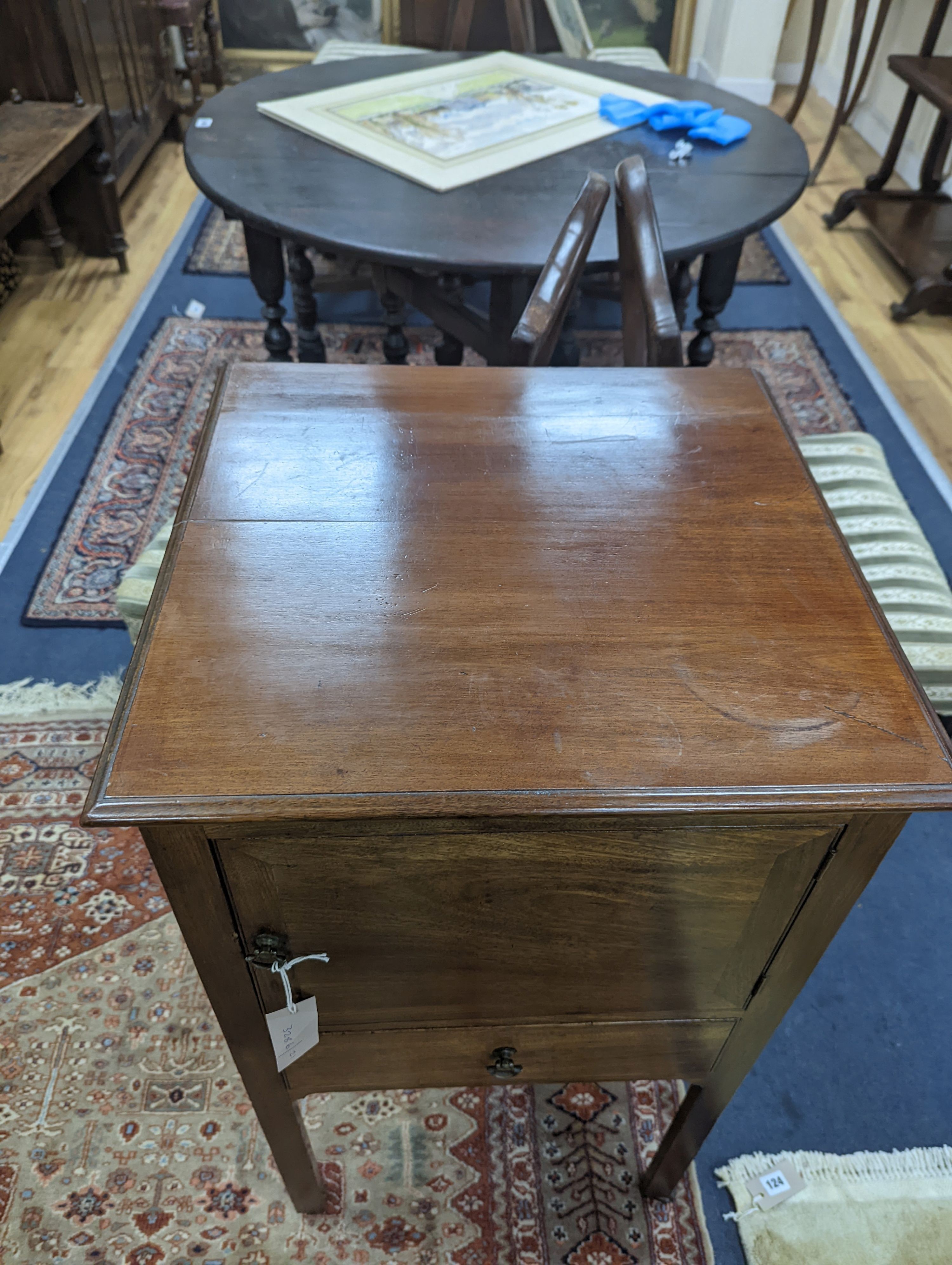 A George III and later mahogany bedside cabinet. W-47cm, D-45cm, H-86cm.